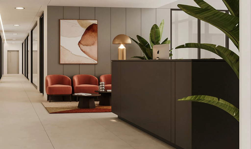 A modern office lobby with a reception desk red armchairs a coffee table a large abstract painting and several potted plants - interior design